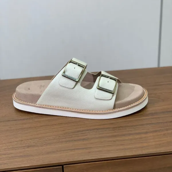 Design Brunello Cucinelli Double-Buckle Slide Sandals Beige Leather Slippers - 1