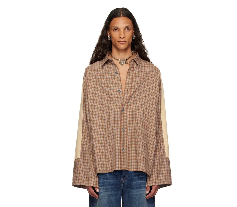 Acne Studios Plaid Shirt with Contrast Sleeves Red Beige - 7