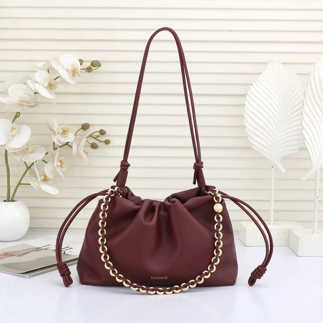 Loewe Flamenco Drawstring Bag Burgundy Shoulder Bag - 4