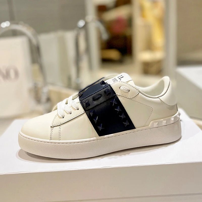 Valentino Rockstud Spike Strap Leather Sneakers White - 3