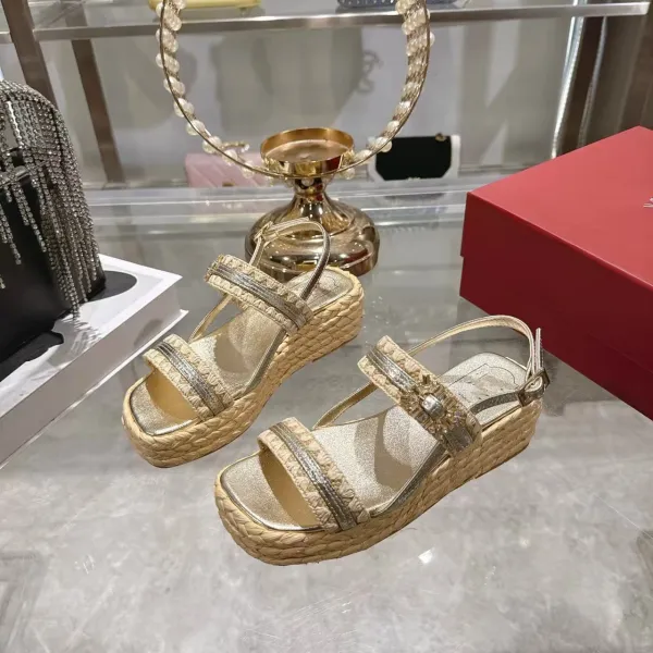 Design Woven Raffia Platform Sandals Gold Beige - 6