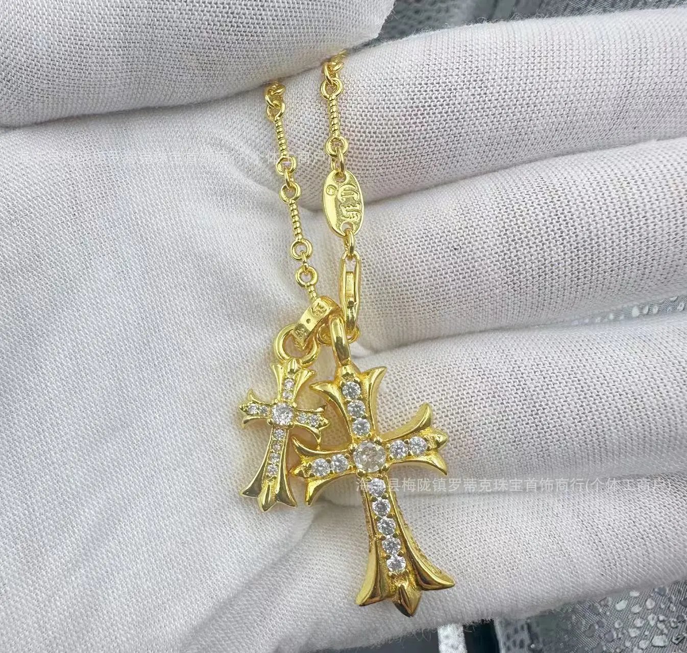 Chrome Hearts Double Cross Pendant Necklace Gold Jewelry - 18