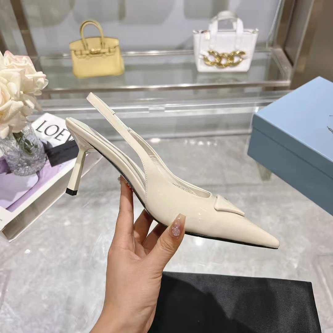 Prada Slingback Pointed-Toe Patent Leather Beige Heels - 1