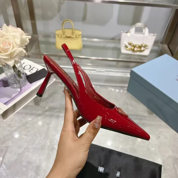 Prada Triangular Logo Red Patent Leather Slingback Stilettos - 1