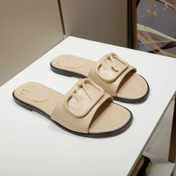 Valentino Garavani VLogo Slide Beige Leather Slippers - 1