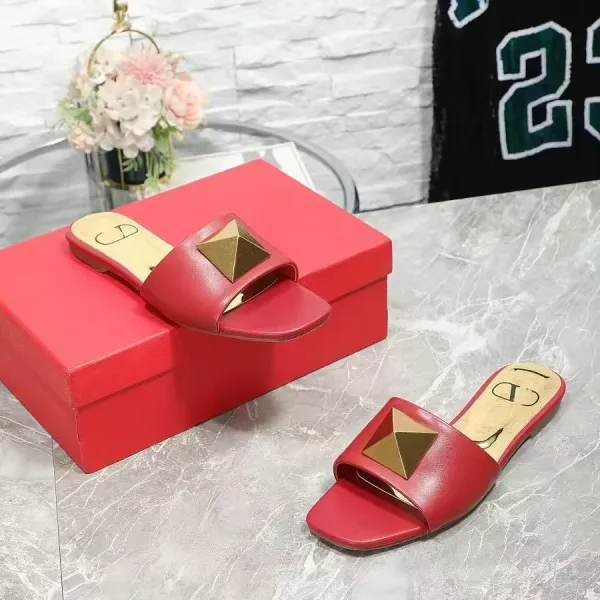 Valentino Rockstud Flat Slide Sandals Red Slippers - 1