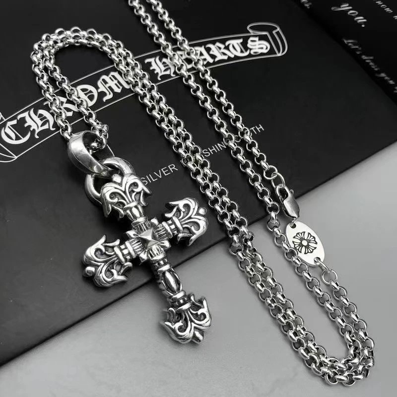 Chrome Hearts Ornate Cross Pendant Necklace Silver Jewelry - 3