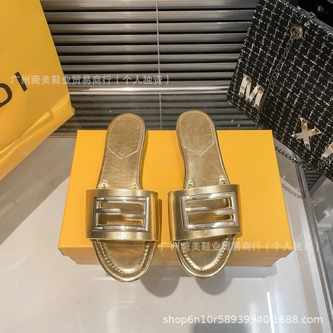 Design Silver Metallic Slide Sandals with Rectangular Buckle Detail Slippers - 7