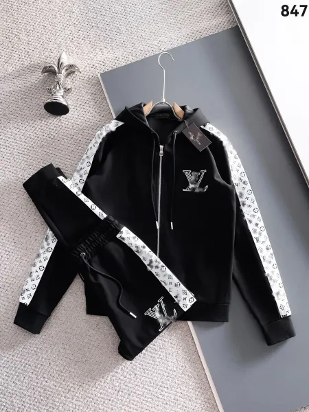 Louis Vuitton Monogram Print Hoodie and Sweatpants Set Black Tracksuit - 1