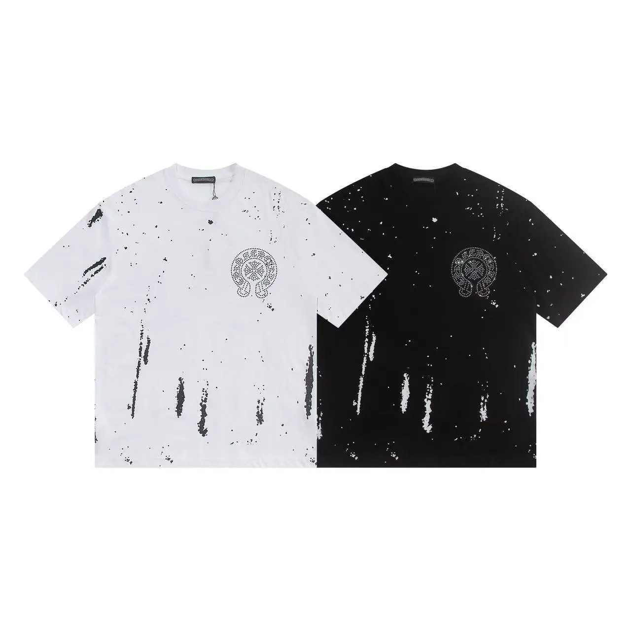 Design Crystal Embellished Splatter Print T-Shirt Black - 9