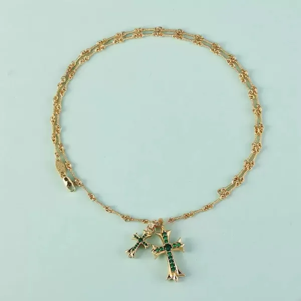 Chrome Hearts Double Cross Pendant Necklace Gold Green Jewelry - 1