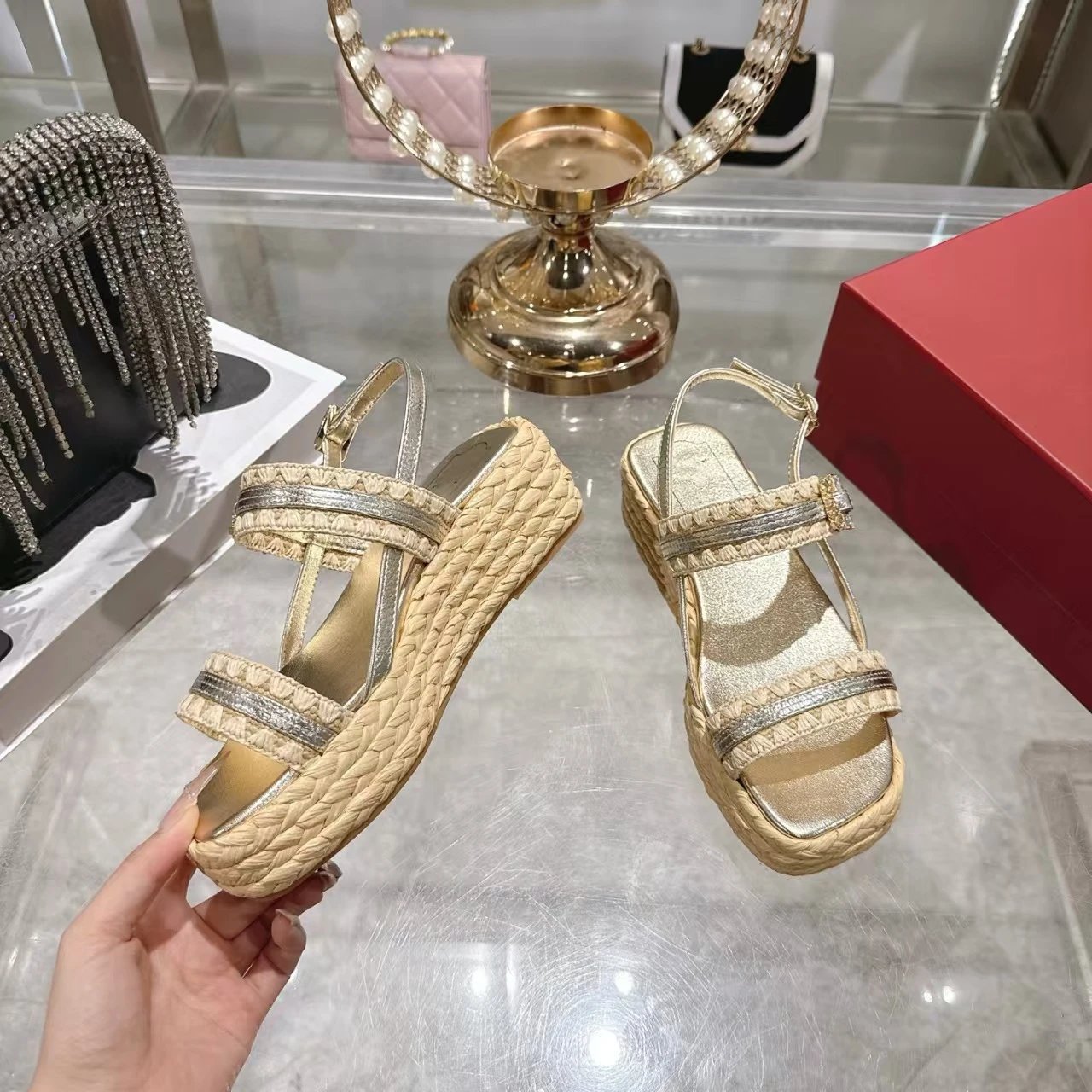 Design Woven Raffia Platform Sandals Gold Beige - 4