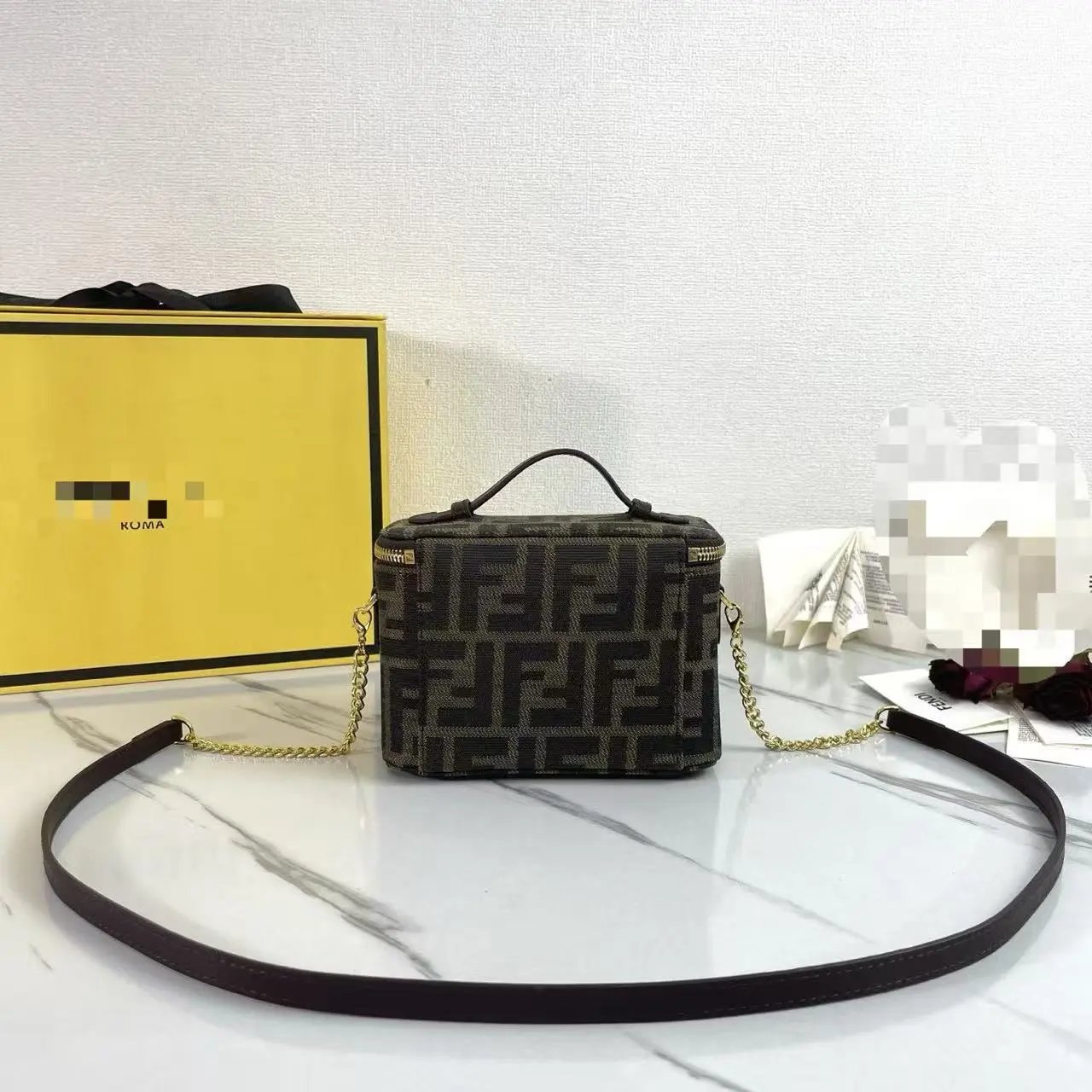 Fendi Zucca FF Monogram Mini Box Bag Black and Brown Shoulder Bags - 3