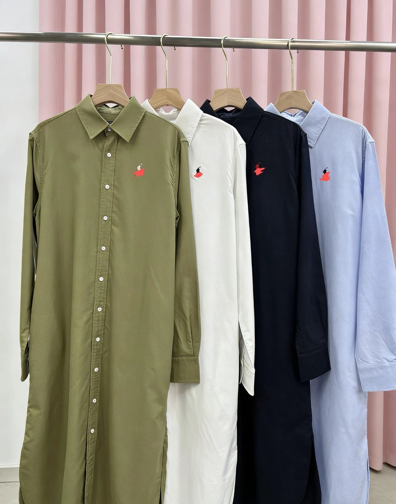 Design Olive Green Shirt Dress with Embroidered Logo Shirt Dress - 4