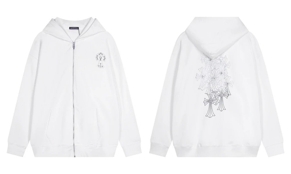 Chrome Hearts x The Rolling Stones White Hoodie with Blue Baroque Sleeve Print - 6