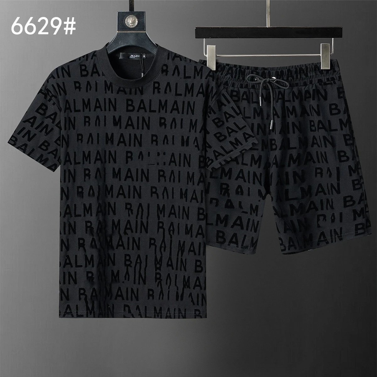 Balmain All-Over Logo Print Black T-Shirt and Shorts Set - 1