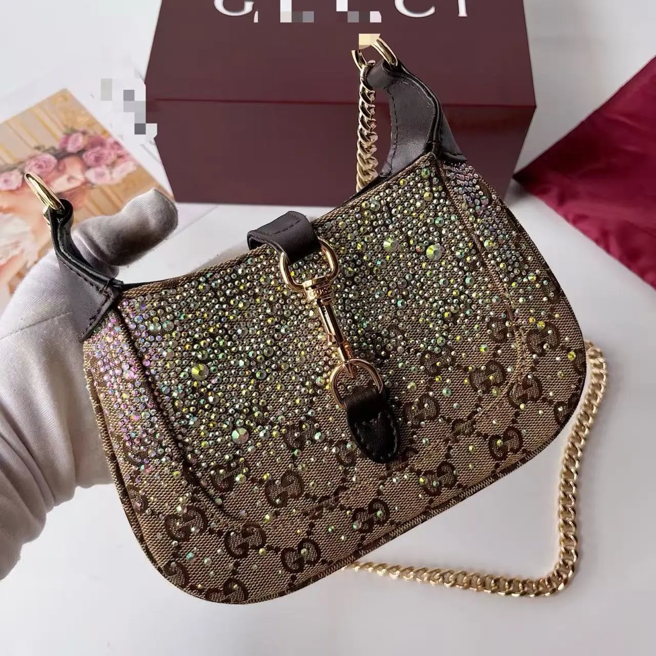 Gucci Jackie 1961 Crystal-Embellished Chain Bag Black Shoulder Bags - 6