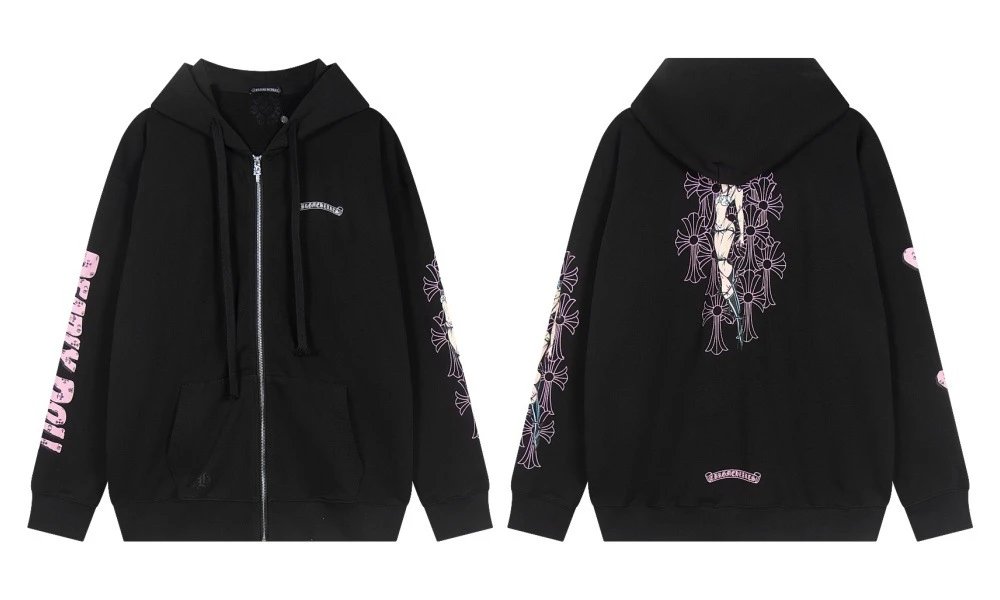 Chrome Hearts x The Rolling Stones White Hoodie with Blue Baroque Sleeve Print - 3