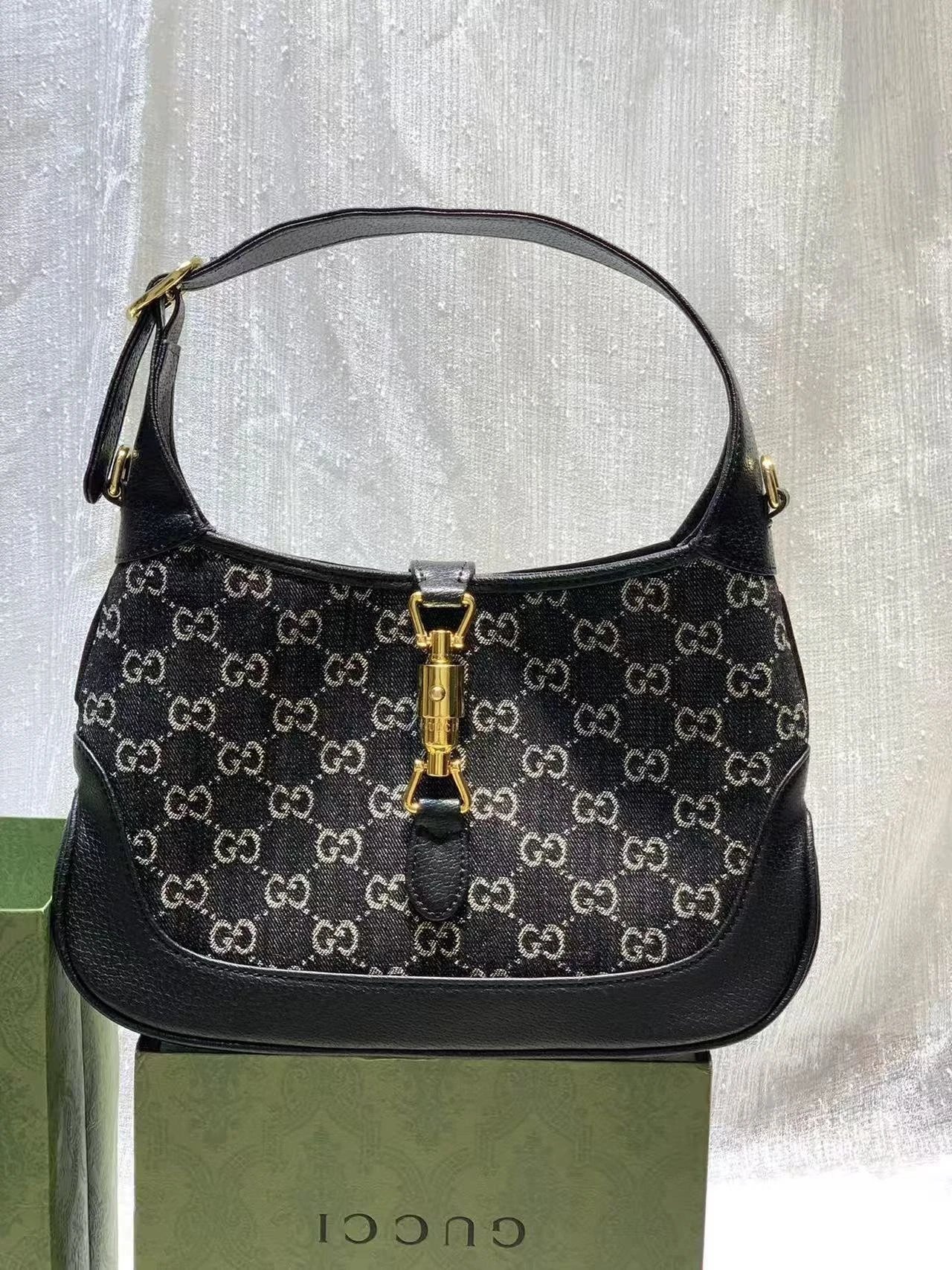 Gucci Jackie 1961 Denim GG Marmont Hobo Bag Navy Brown - 2