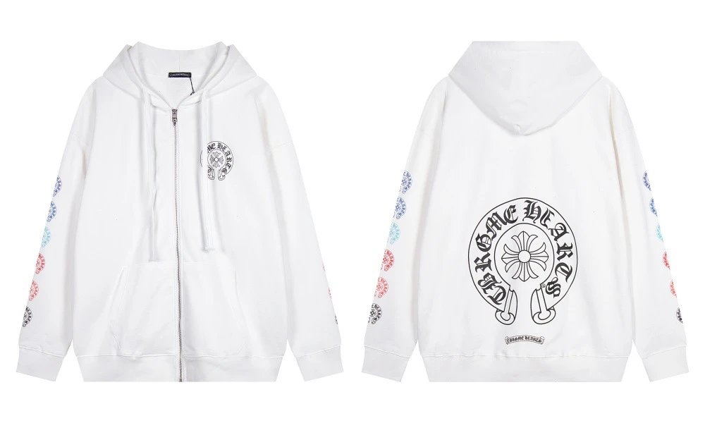 Chrome Hearts x The Rolling Stones White Hoodie with Blue Baroque Sleeve Print - 8