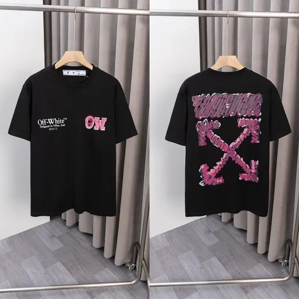 Off-White Arrow Print Black T-Shirt with Pink Embroidery - 1