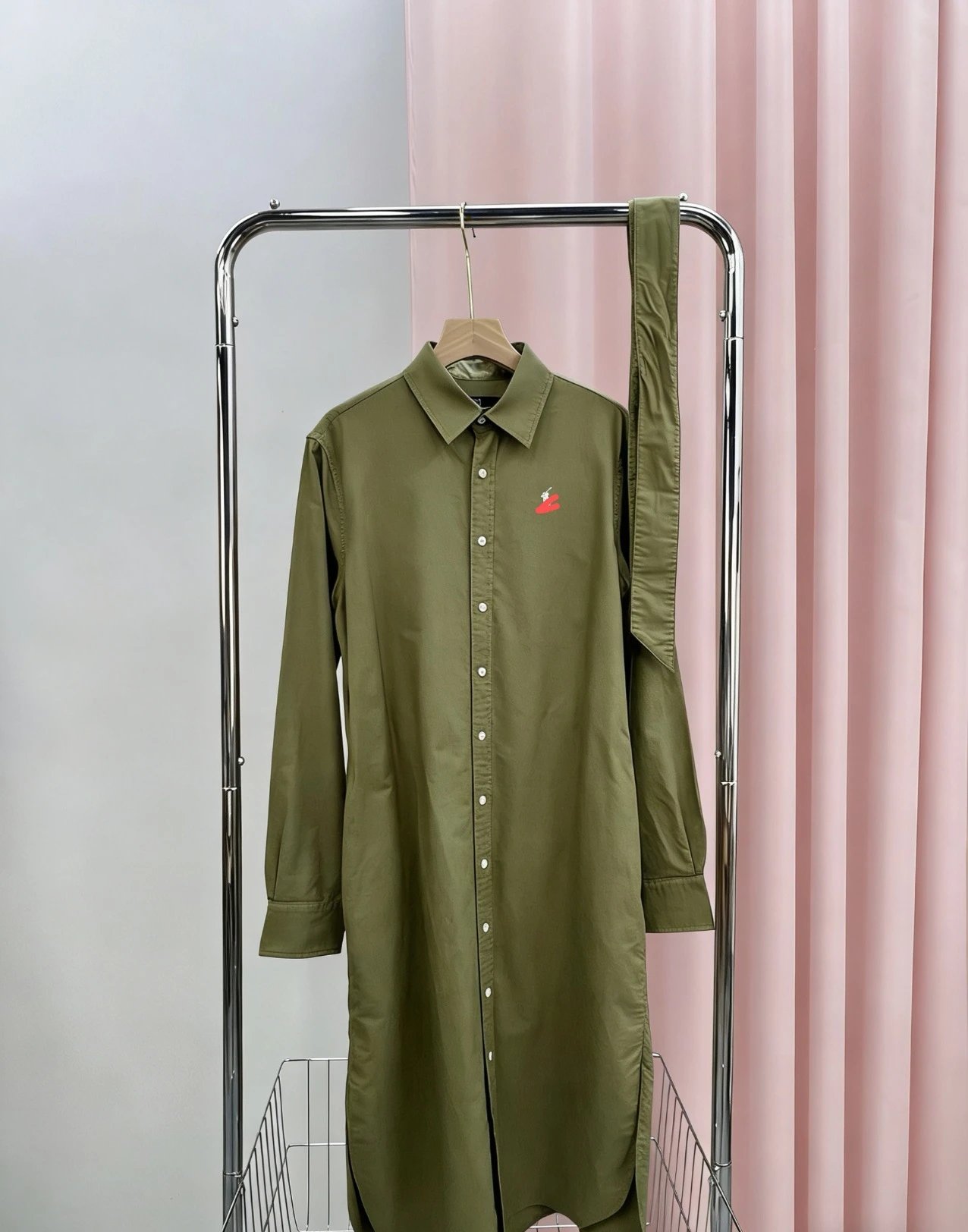 Design Olive Green Shirt Dress with Embroidered Logo Shirt Dress - 5
