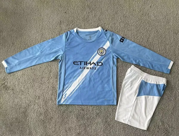 Manchester City FC 2023-24 Home Long-Sleeve Jersey and Shorts Set Light Blue - 1