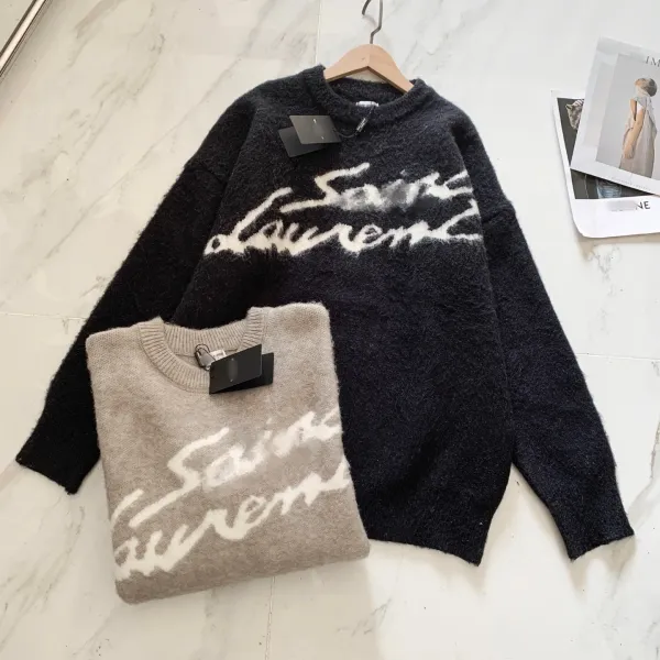Saint Laurent Script Logo Gray Knit Sweater - 3