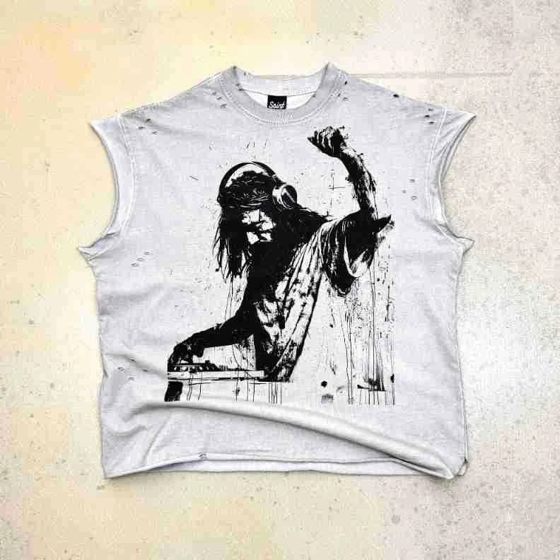 Design Sleeveless Graphic Tee Dark Gray T-Shirt - 13