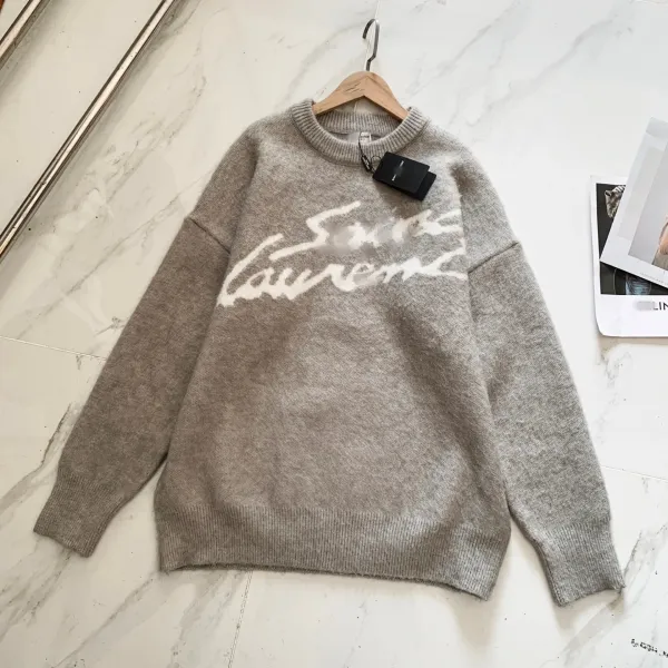Saint Laurent Script Logo Gray Knit Sweater - 1