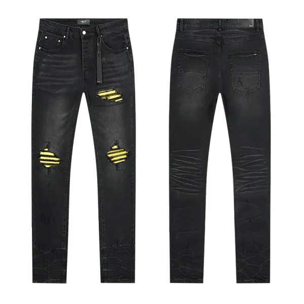 Amiri Distressed Black Jeans with Yellow Stripe Patches - 1