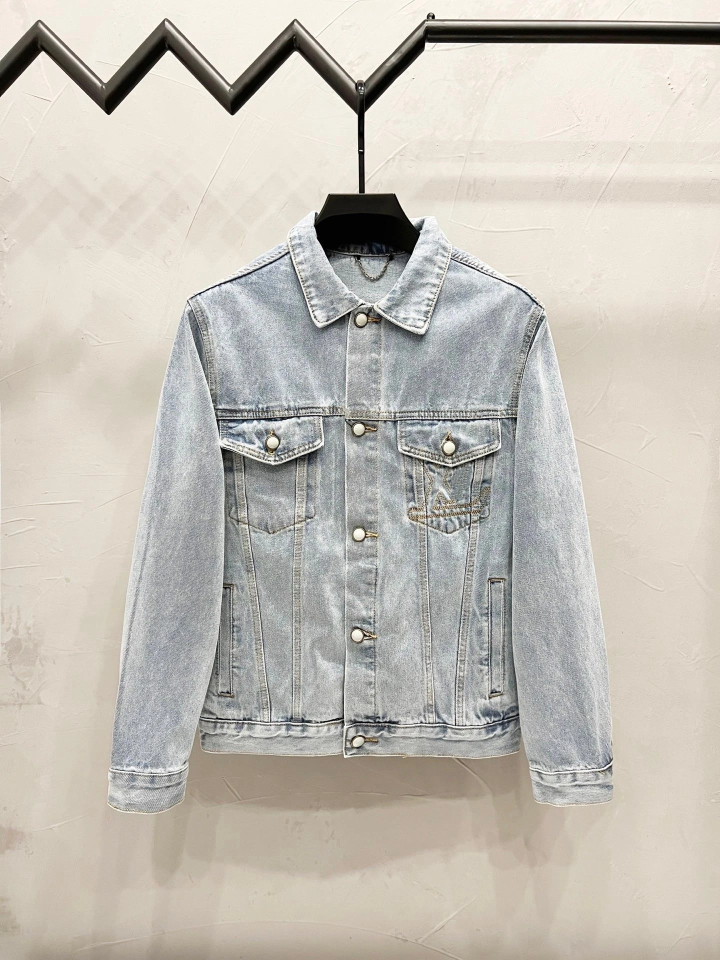 Design Light Wash Denim Jacket with Pearl Buttons and Embroidered Pocket - 13