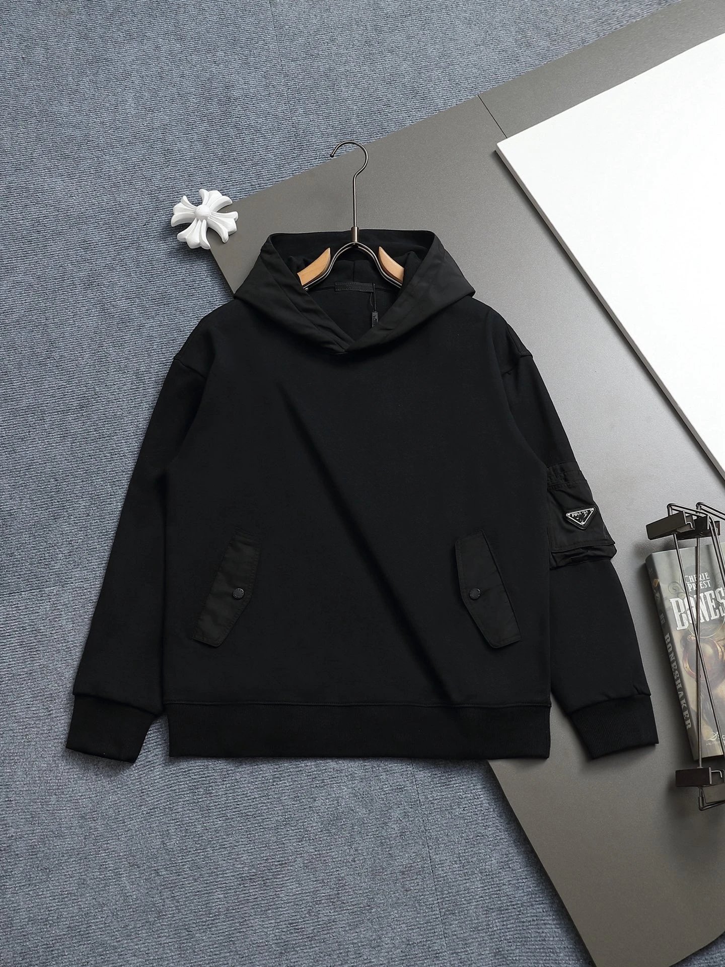 Prada Logo Embroidered Black Hoodie - 37
