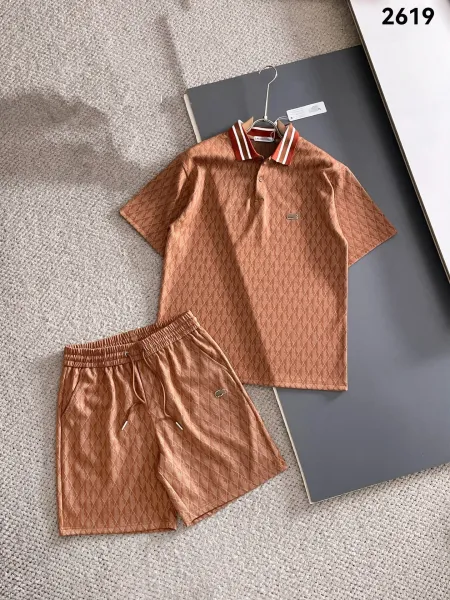 Lacoste Diamond Pattern Polo and Shorts Set Terracotta Casual Set - 1