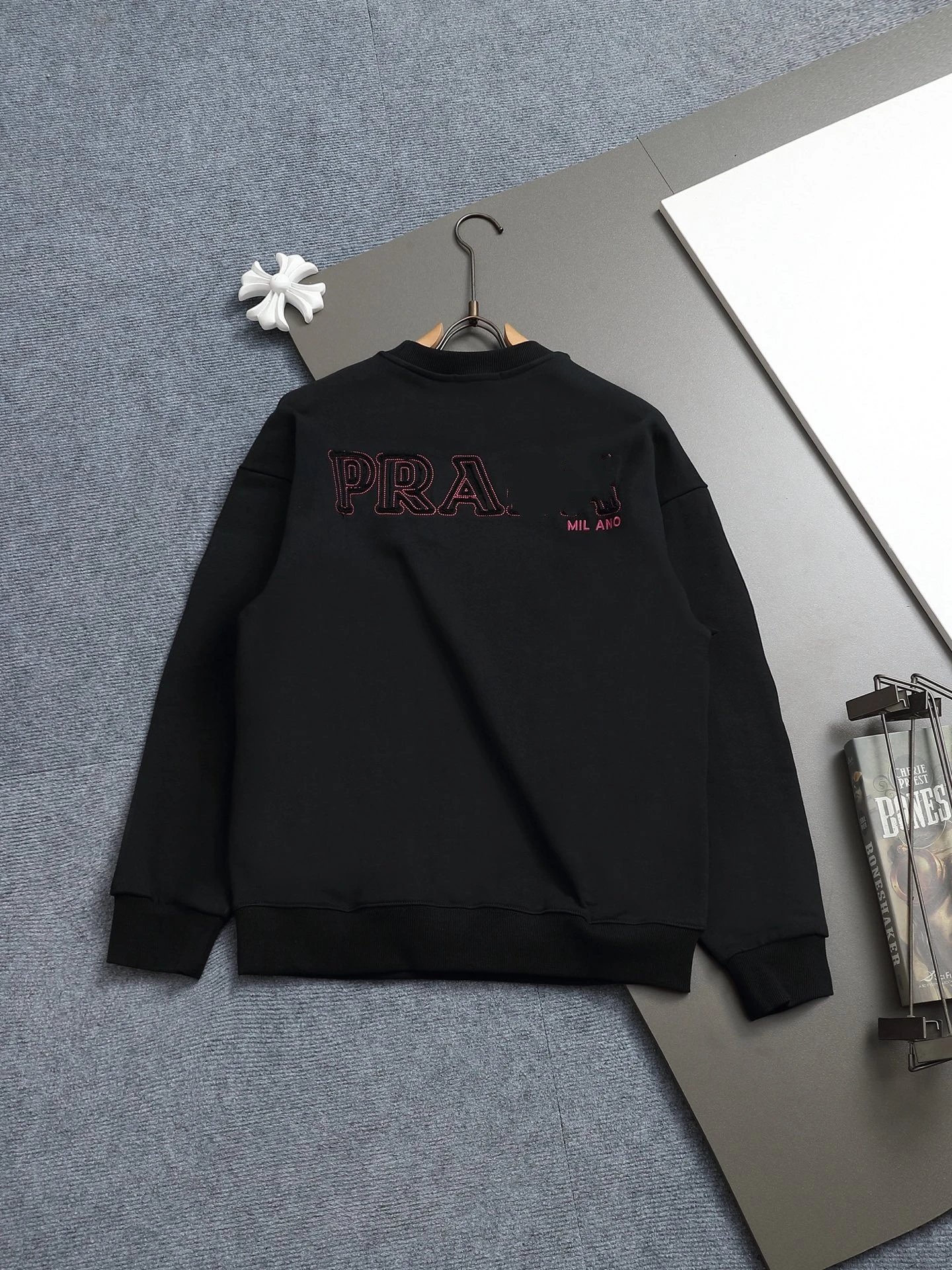 Prada Logo Embroidered Black Hoodie - 34