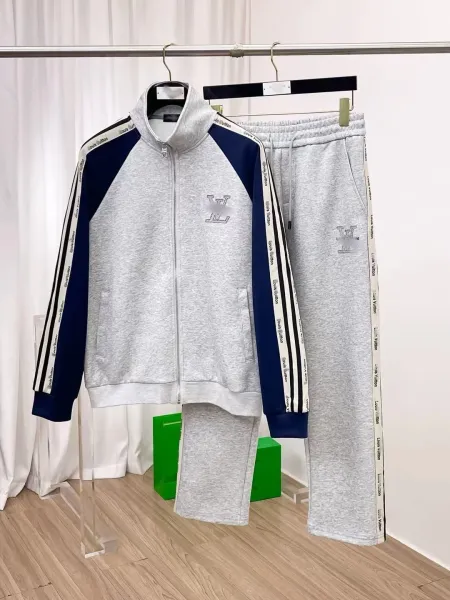 Louis Vuitton Monogram Tape Track Jacket and Sweatpants Set Gray Navy Tracksuit - 1