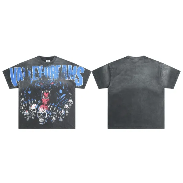 Design Valley Dreams Panther Skull Graphic Washed Black T-Shirt T-Shirts - 1