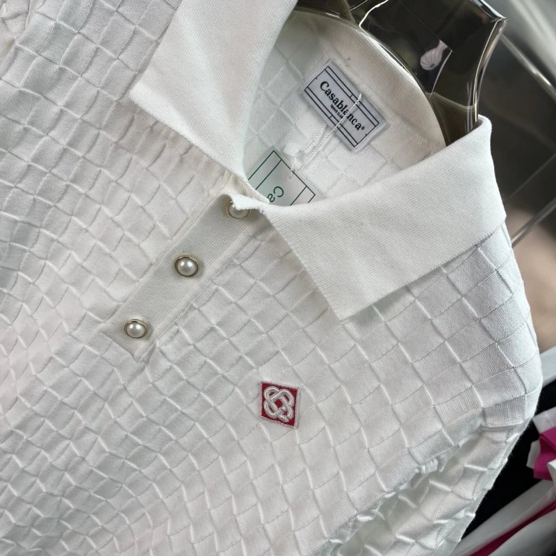 Design Striped Knit Polo Shirt in Brown Beige White - 21