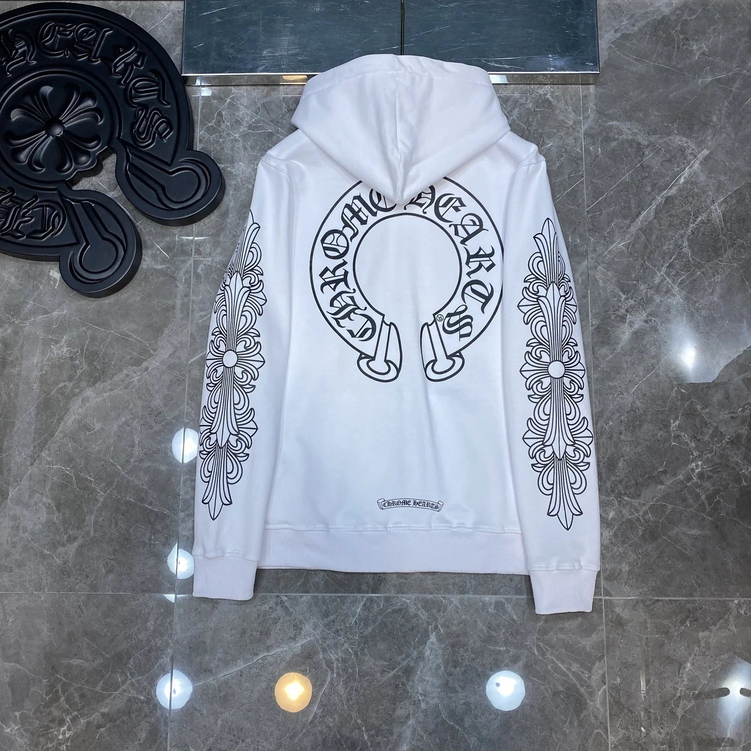 Design Hoodie White with Red Sleeve Logos - 4