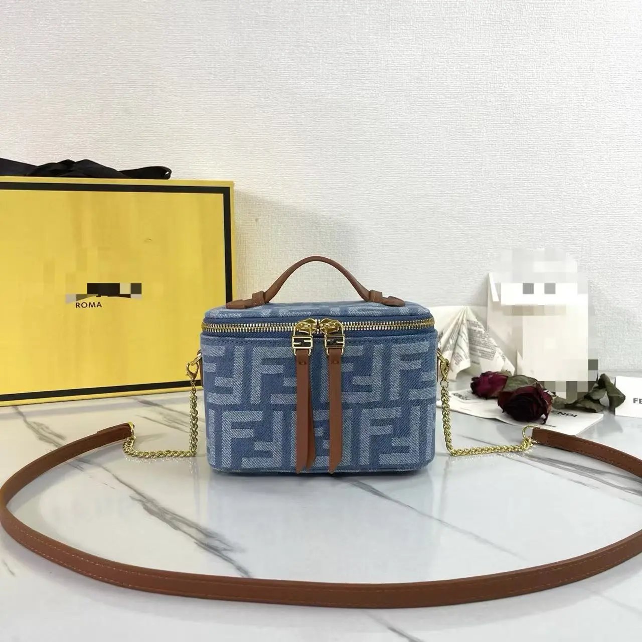 Fendi Zucca FF Monogram Mini Box Bag Black and Brown Shoulder Bags - 2