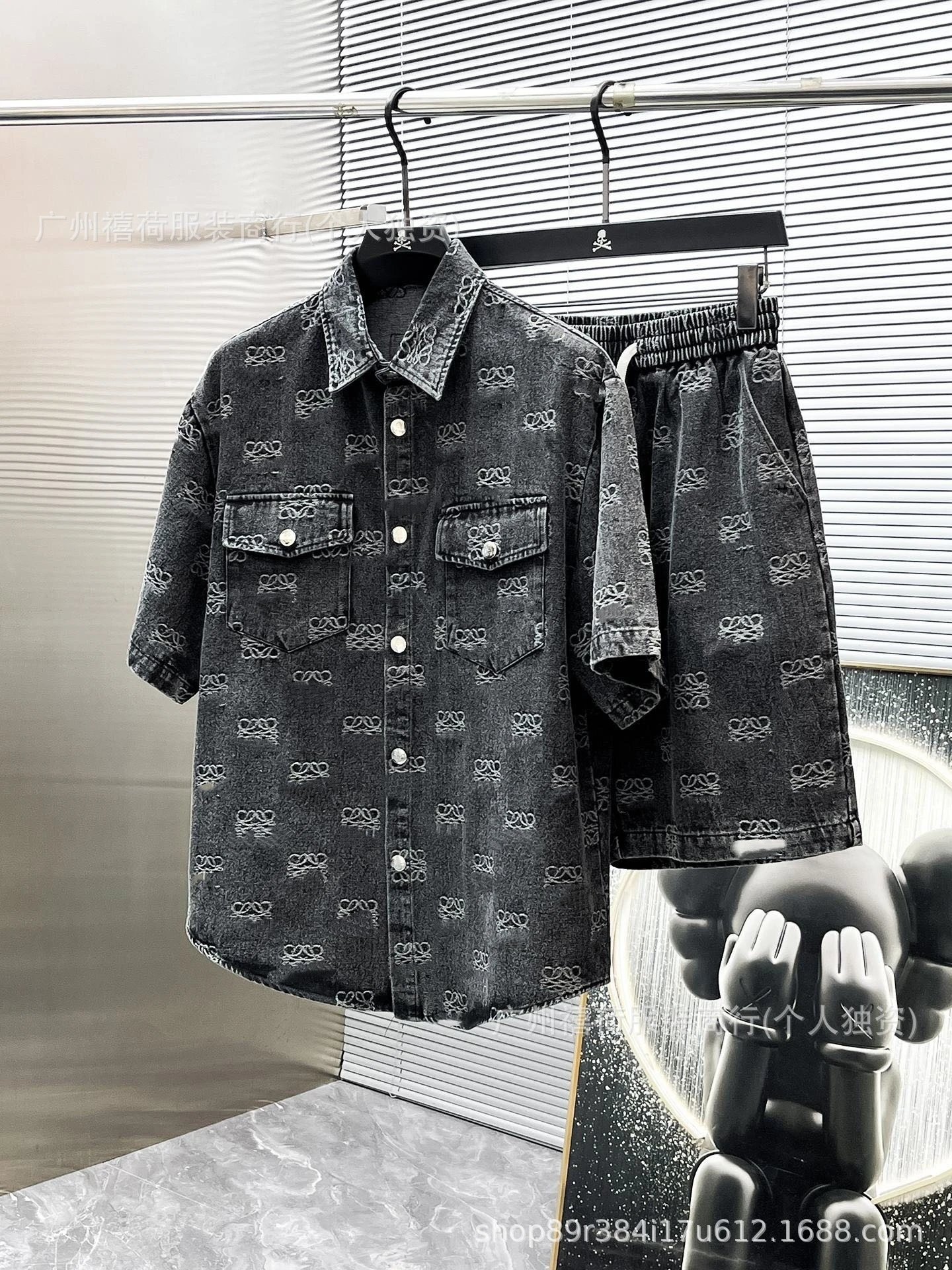 Philipp Plein Skull-Print Denim Shirt and Shorts Set Black - 13