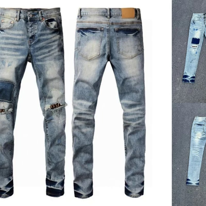 Distressed Patchwork Slim Fit Jeans Blue