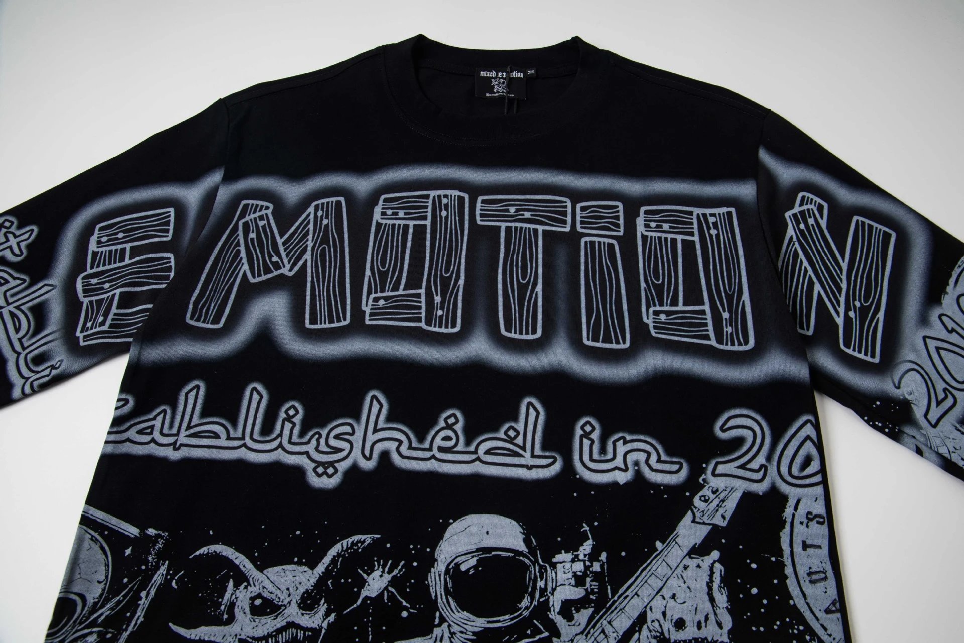 Design Mixed Emotion Motif Established in 2019 Long Sleeve Graphic Tee Black T-Shirts - 7