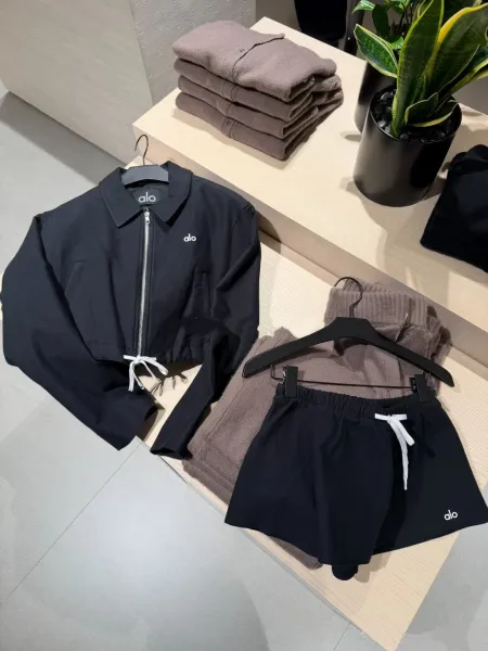 Alo Cropped Zip-Up Jacket and Drawstring Shorts Set in Black - 1