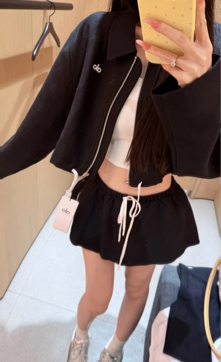Alo Cropped Zip-Up Jacket and Skirt Set Pink Activewear Set - 12