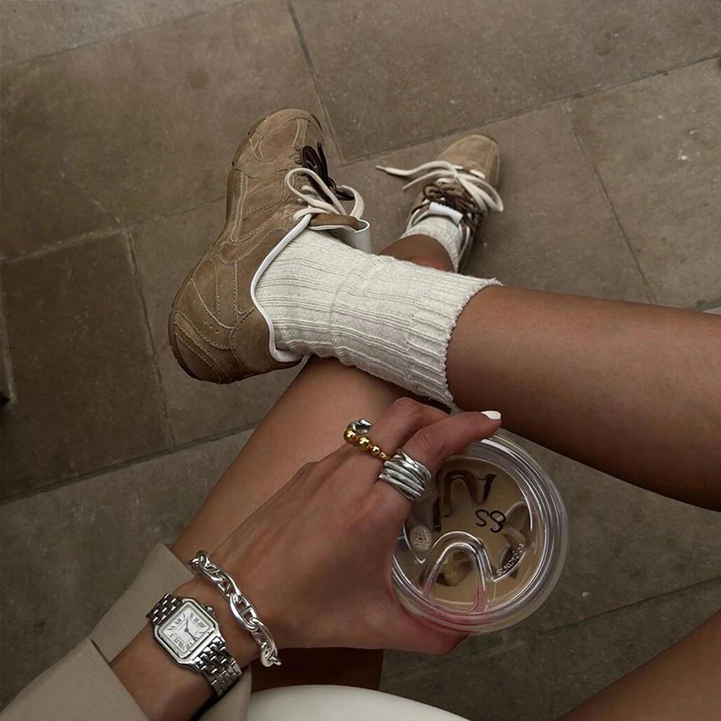 Design Silver Metallic Mesh Sneakers - 6