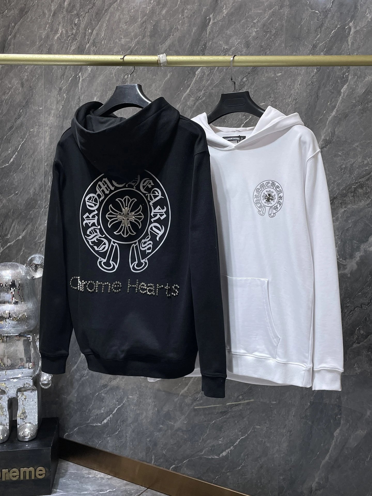 Design Hoodie White with Red Sleeve Logos - 99