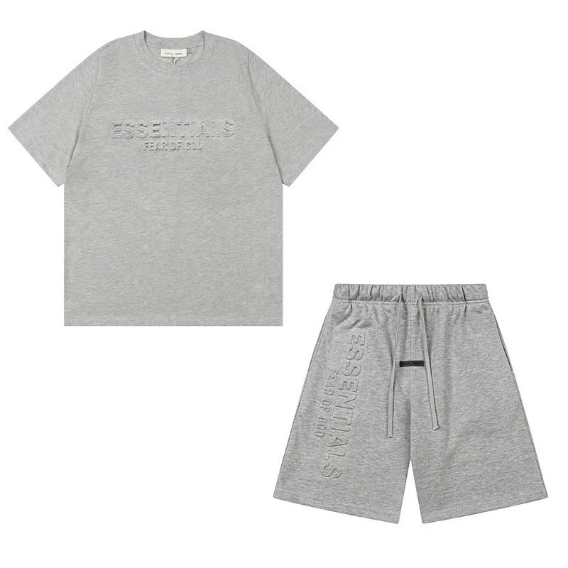Fear of God Essentials Embossed Logo Heather Gray T-Shirt and Shorts Set - 10