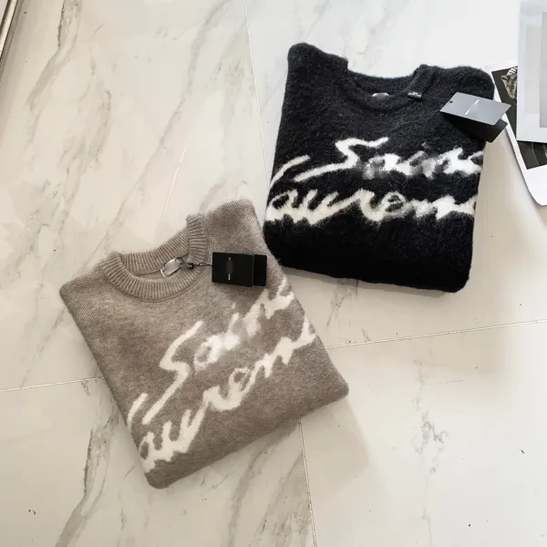 Saint Laurent Script Logo Gray Knit Sweater - 4