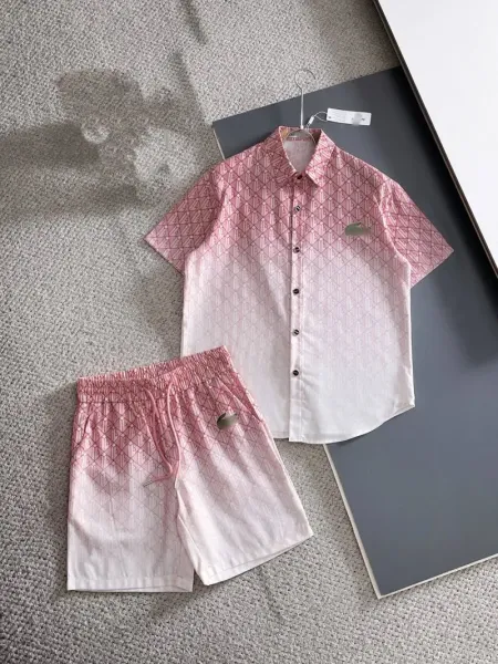 Lacoste Gradient Geometric Print Shirt and Shorts Set Pink White - 1